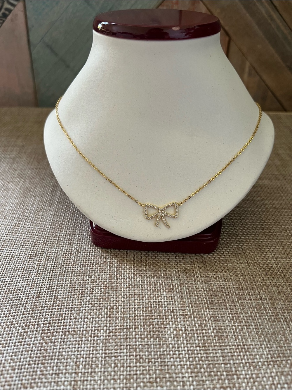 Gold Bow Pendant Necklace with Crystal Accents 925 Silver Over 14 k gold.